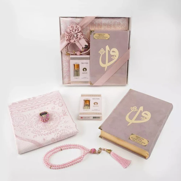 Kuran + Seccade +  Tesbih + Zikirmatik + Koku Hediye Seti (Çanta Boy, Kadife, Pembe) - 4