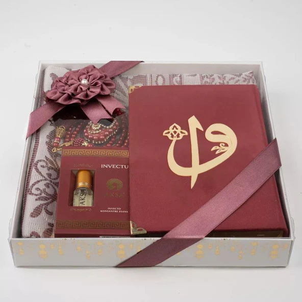 Kuran + Seccade +  Tesbih + Zikirmatik + Koku Hediye Seti (Çanta Boy, Kadife, Bordo) - 2