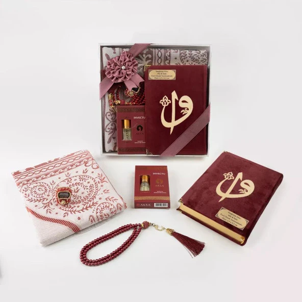Kuran + Seccade +  Tesbih + Zikirmatik + Koku Hediye Seti (Çanta Boy, Kadife, Bordo) - 4