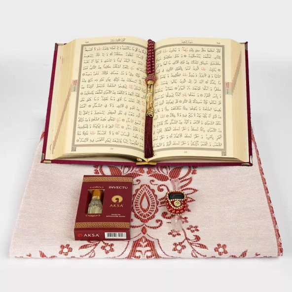 Kuran + Seccade +  Tesbih + Zikirmatik + Koku Hediye Seti (Çanta Boy, Kadife, Bordo) - 5