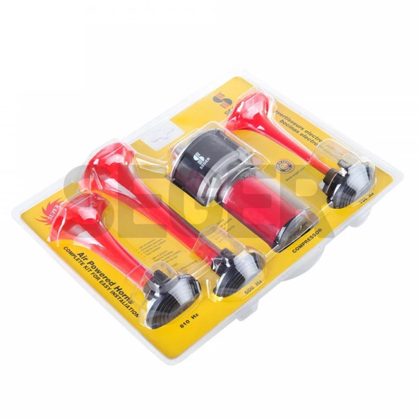 SEGER 80Kh Kompresörlü Korna 12V, Kırmızı Renkli Plastik Borulu, Melodili - Resim 3