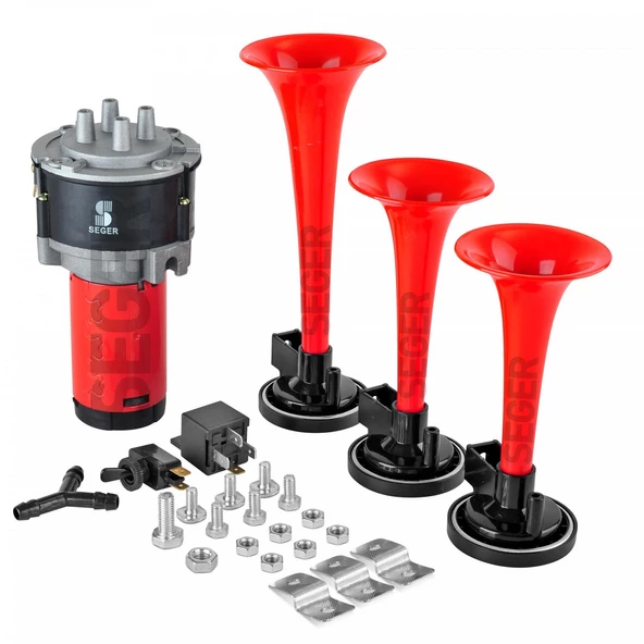 SEGER 80Kh Kompresörlü Korna 12V, Kırmızı Renkli Plastik Borulu, Melodili ürün görseli 1