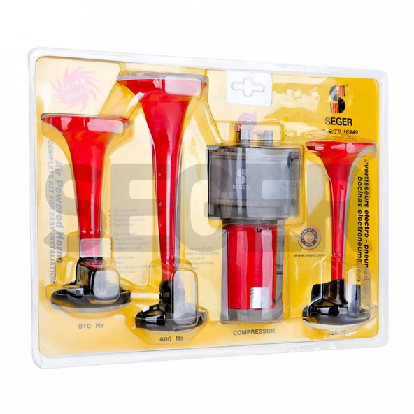 SEGER 80Kh Kompresörlü Korna 12V, Kırmızı Renkli Plastik Borulu, Melodili - Resim 4