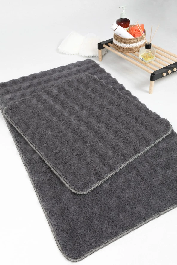 Modern Bubble Yıkanabilir Kaymaz Peluş Banyo Paspası Halısı 2li Klozet Takımı 60x100-50x60cm Antrasit - 5