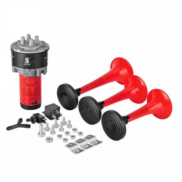 SEGER 80Kh Kompresörlü Korna 12V, Kırmızı Renkli Plastik Borulu, Melodili - Resim 2