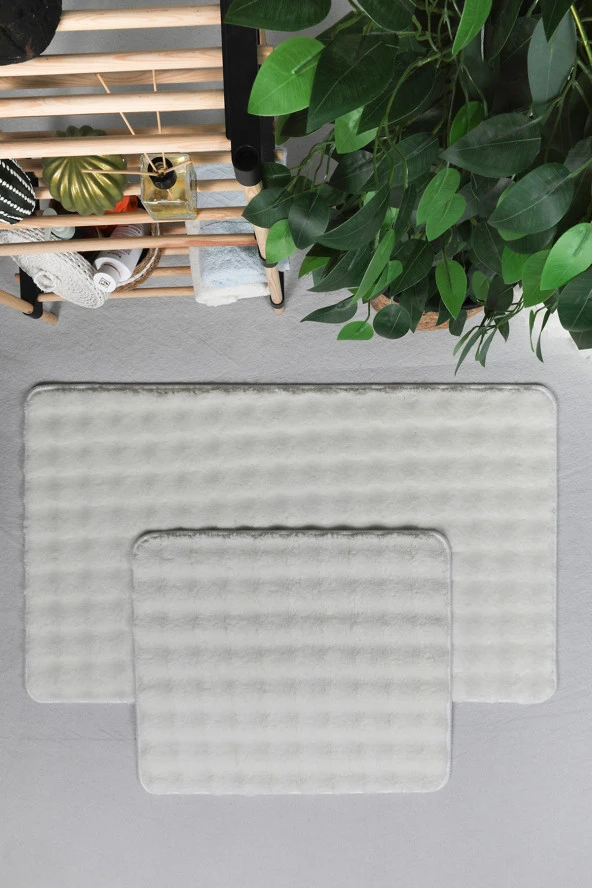 Modern Bubble Yıkanabilir Kaymaz Peluş Banyo Paspası Halısı 2'li Klozet Takımı 60x100-50x60cm Krem - 2