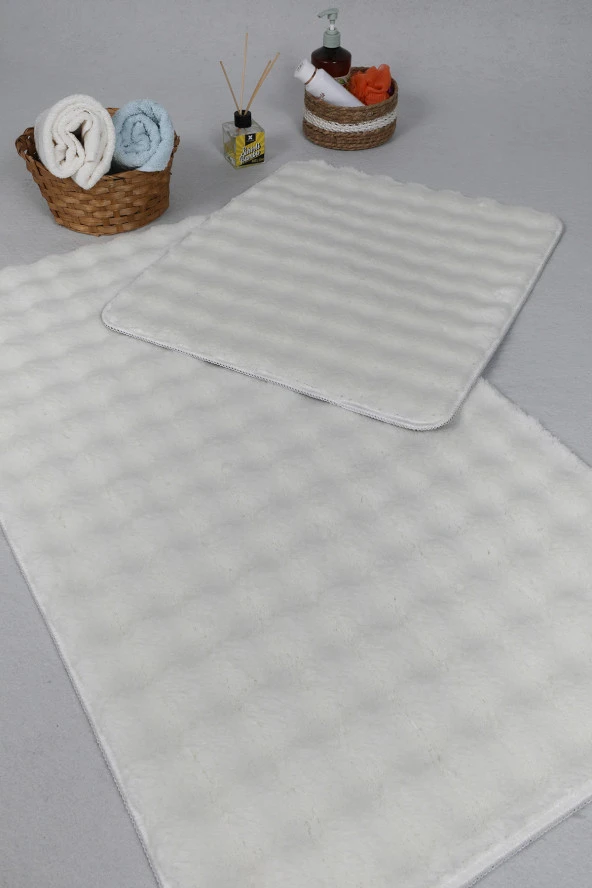 Modern Bubble Yıkanabilir Kaymaz Peluş Banyo Paspası Halısı 2'li Klozet Takımı 60x100-50x60cm Krem - 3