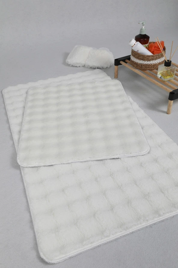 Modern Bubble Yıkanabilir Kaymaz Peluş Banyo Paspası Halısı 2'li Klozet Takımı 60x100-50x60cm Krem - 5