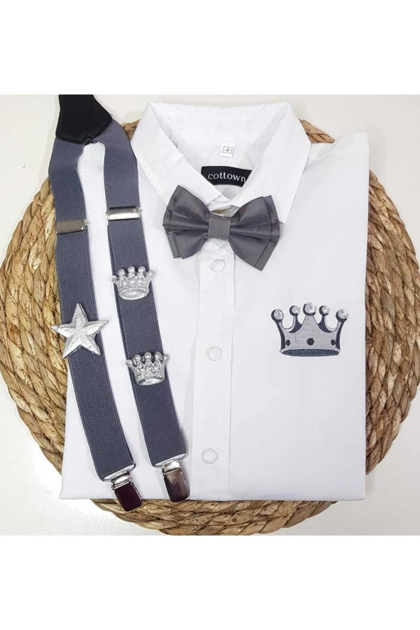Gümüş Kral Taclı Askı Papyon Gömlek ürün görseli 1