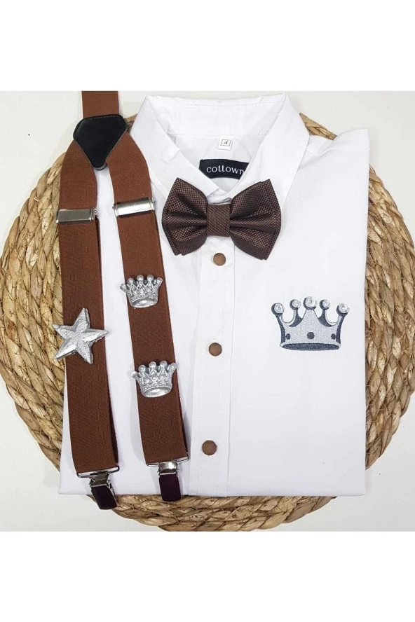 Gümüş Kral Taclı Askı Papyon Gömlek