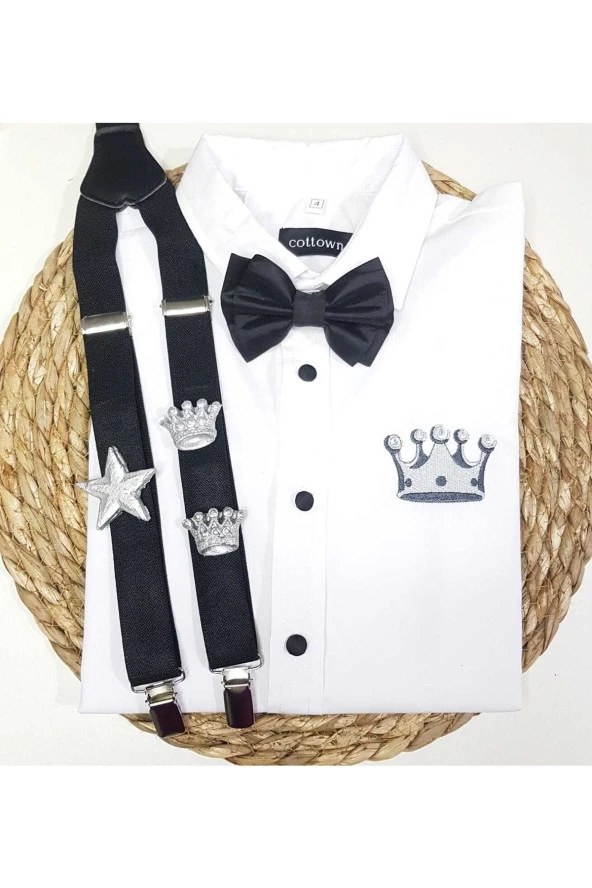 Gümüş Kral Taclı Askı Papyon Gömlek