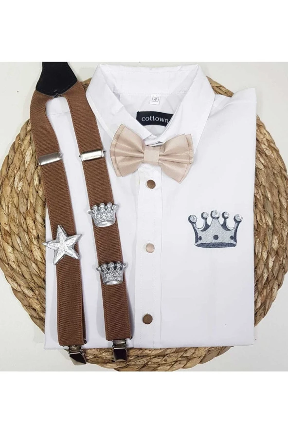 Gümüş Kral Taclı Askı Papyon Gömlek
