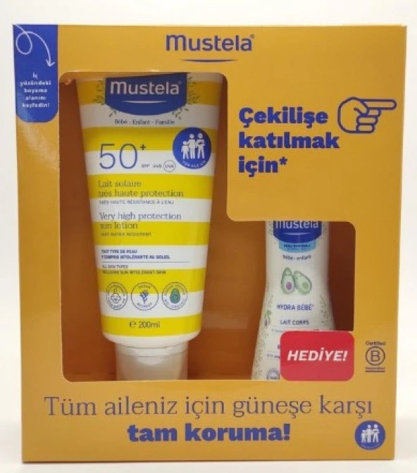 Mustela Hydra Bebe Body Lotion 100 ml + Mustela Yüksek Koruma Faktörlü Güneş Losyonu Tüm Aile İçin SPF50+ 200 ml