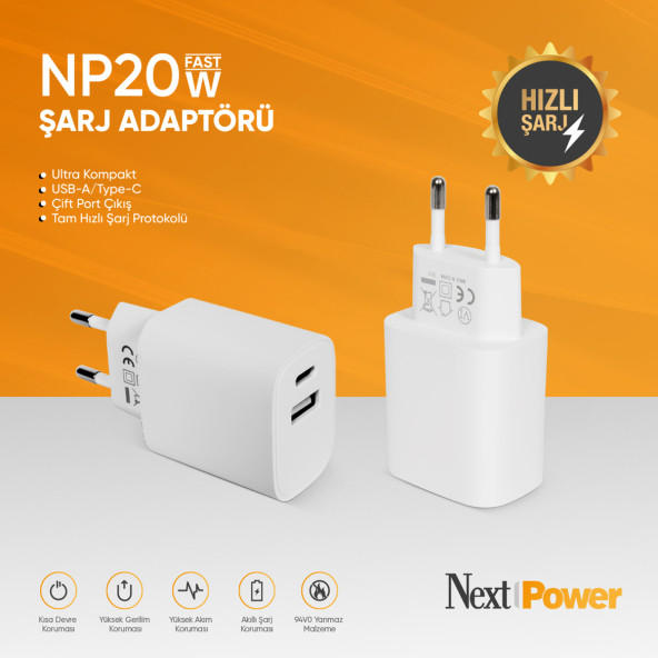 Next Power NP20 20 Watt USB-A/Type-C Çift Port Çıkış Hızlı Şarj Adaptörü