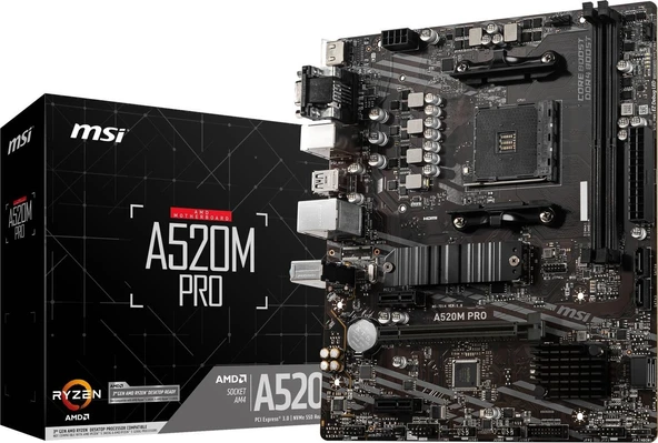 MSI A520M PRO AM4 DDR4 4600(OC) VGA DVI HDMI M.2 USB3.2 mATX  Anakart