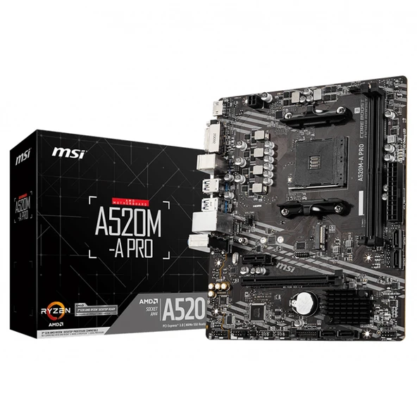 MSI A520M-A PRO DDR4 M2 PCIe NVME HDMI DVI PCIe 16X v3.0 AM4 mATX ürün görseli