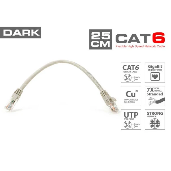 DARK DK-CB-NT6U25G 25CM UTP CAT6 PATCH KABLO GRI AWG24/7