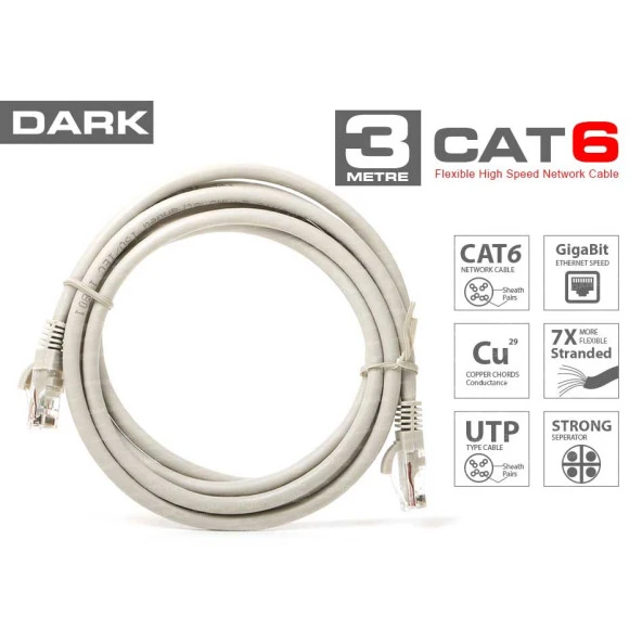 DARK DK-CB-NT6U300G 3MT UTP CAT6 PATCH KABLO GRI AWG24/7