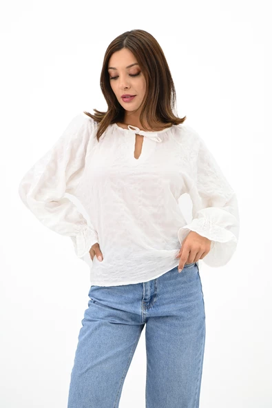 Kadın Yaka Bağlama Detaylı Gömlek 1718-25 - 8