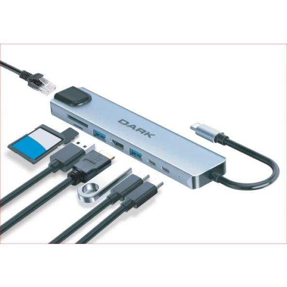 DARK USB 3.1 Type-C 8 in 1 Ethernet / HDMI / TF SD Kart Okuyucu / USB 3.0 - USB 2.0 / USB-C  USB-C PD Dönüştürücü Çevirici HUB