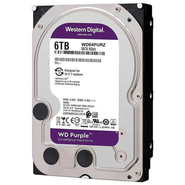 WD 6TB PURPLE WD64PURZ 64MB 5400RPM SATA-3 GÜVENLİK DİSKİ