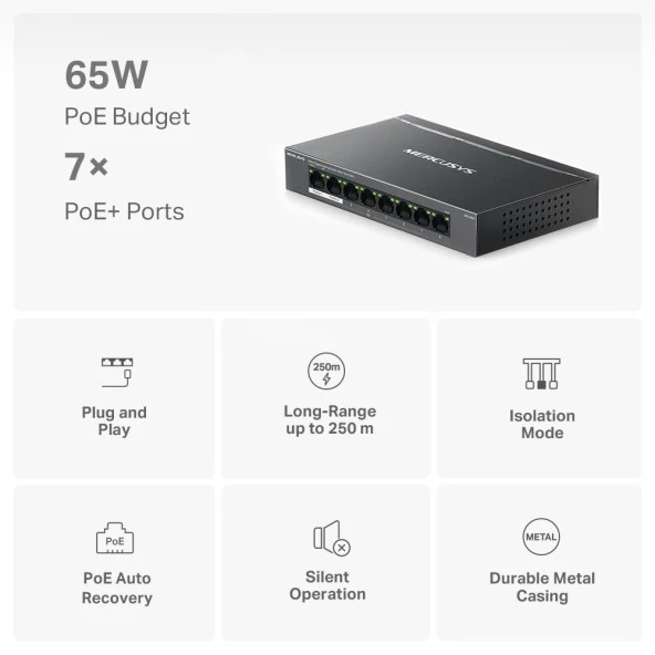 MERCUSYS 8port MS108GP Gigabit 7port PoE 65w Yönetilemez Swicth - 4