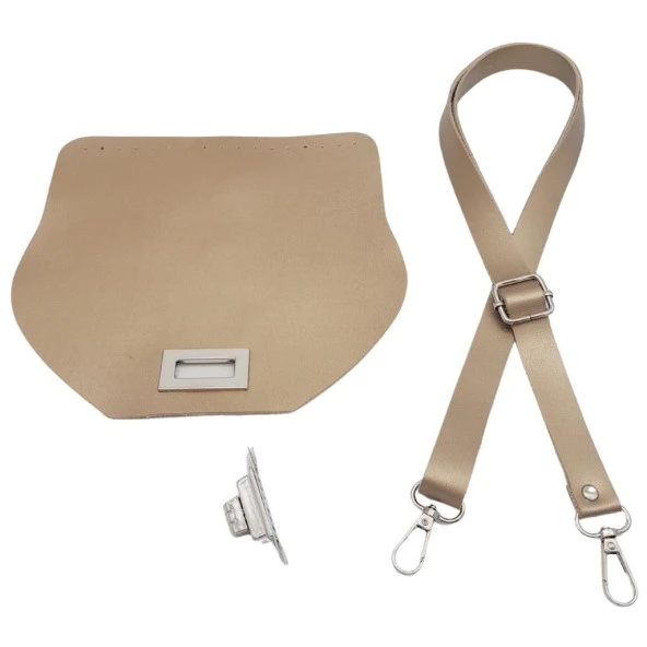 Angel Çanta Aksesuar Suni Deri 21x19 cm Kapaklı ve Ayarlı Saplı Çanta Seti Gold Renk Gümüş Metalli - Resim 2