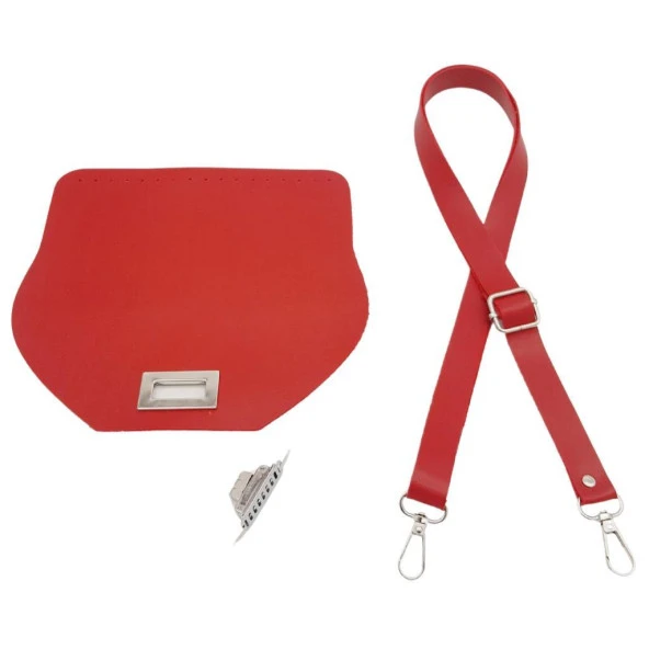 Angel Çanta Aksesuar Suni Deri 21x19 cm Kapaklı ve Ayarlı Saplı Çanta Seti Kırmızı Renk Gümüş Metalli - Resim 2