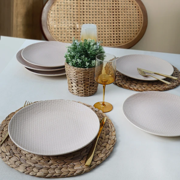 Keramika Kumlu Krem Rölyefli Servis Tabağı 27 Cm 6 Adet Q32 - 5