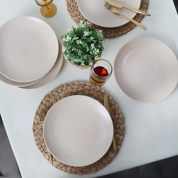 Keramika Kumlu Krem Rölyefli Servis Tabağı 27 Cm 6 Adet Q32 - 2