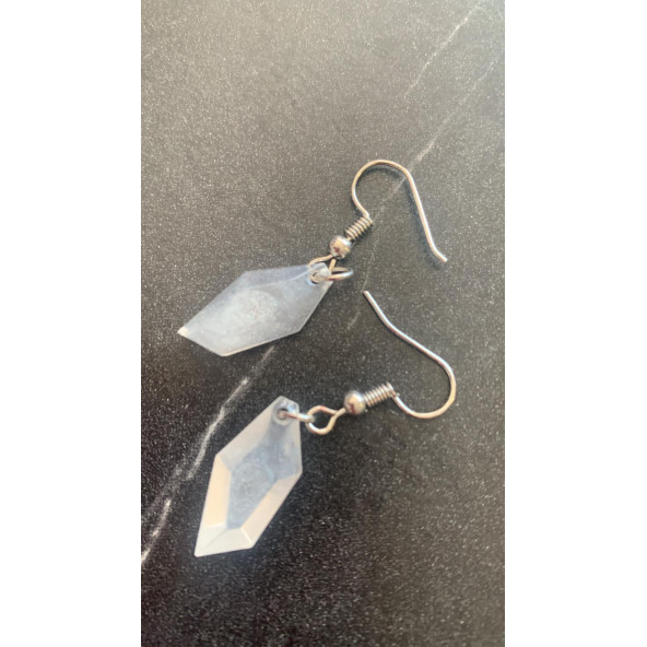 Şeffaf Beyaz Renkli Parlak Gümüş Aksesuarlı Kristal Şekil Sallantılı Epoksi Küpe Hediyelik ürün görseli