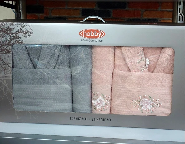 Hobby Line %100 Saf Pamuk Aile Bornoz Seti-Pembe Gri - 2