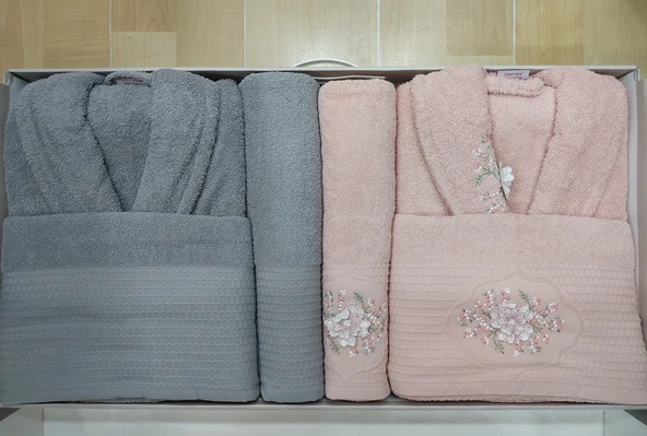 Hobby Line %100 Saf Pamuk Aile Bornoz Seti-Pembe Gri - 3