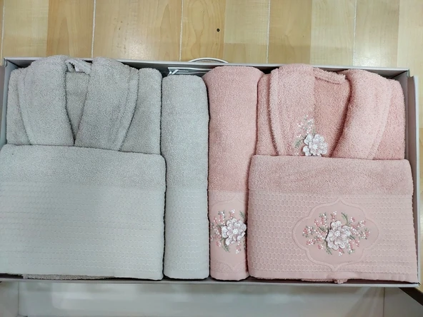 Hobby Line %100 Saf Pamuk Aile Bornoz Seti-Pembe K.Bej - 3