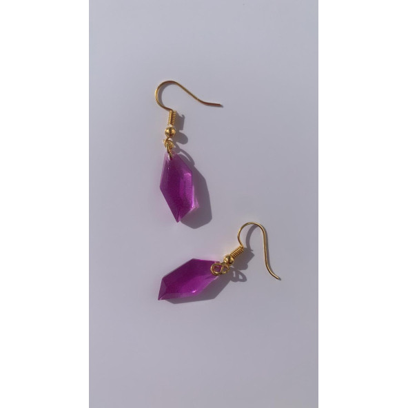 Mor Renkli Sedefli Gold Aksesuarlı Parlak Kristal Şekil Sallantılı Epoksi Küpe El Yapımı Hediyelik ürün görseli