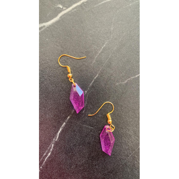 Mor Renkli Sedefli Gold Aksesuarlı Parlak Kristal Şekil Sallantılı Epoksi Küpe El Yapımı Hediyelik - Resim 5