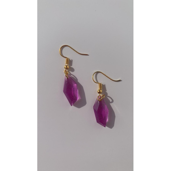 Mor Renkli Sedefli Gold Aksesuarlı Parlak Kristal Şekil Sallantılı Epoksi Küpe El Yapımı Hediyelik - Resim 6