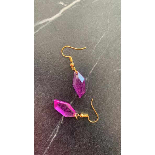 Mor Renkli Sedefli Gold Aksesuarlı Parlak Kristal Şekil Sallantılı Epoksi Küpe El Yapımı Hediyelik - Resim 7