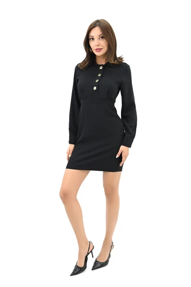 Kadın Gold Düğme Detaylı Elbise 5209-24 - 3