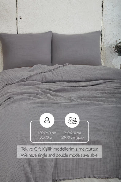 Müslin %100 Pamuk Tek Kişilik Yatak Örtüsü ( Pike ) Takımı 4 Katlı Yumuşak Battaniye 2 Parça - 10