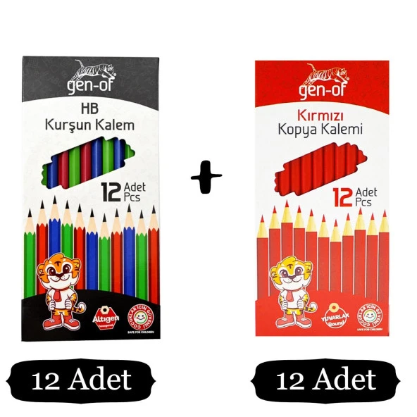 Gen-Of HB Köşeli Kurşun Kalem 12 Li +Kırmızı Kopya Kalemi 12 Li - 1