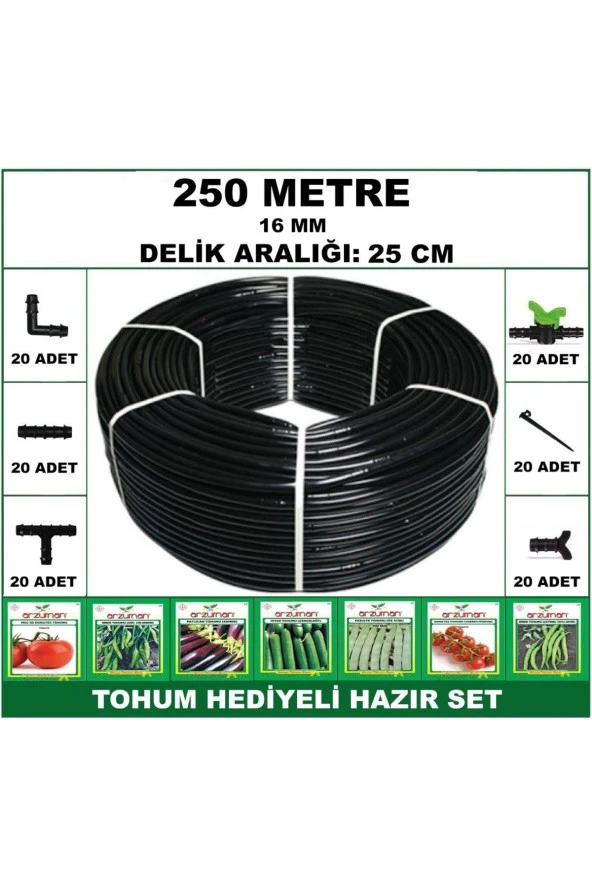 16 mm 250 Metre 25 cm Delikli Hazır Set Damla Sulama Hortumu *tohum Hediyeli*