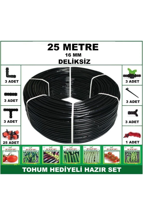 16 mm 25 Metre Deliksiz Hazır Set Damla Sulama Hortumu *tohum Hediyeli*