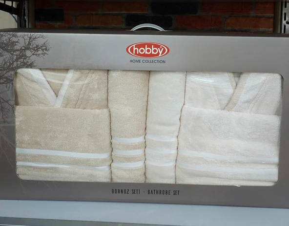 Hobby Sude %60 Bambu %40 Pamuk Aile Bornoz Seti-Krem Bej - 2