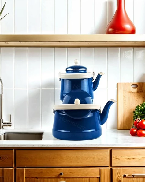 Alev Vintage Emaye Çaydanlık Takımı - Emaye Demlik Takımı - Mega Boy - 2.5 ve 1.0 Litre - 4