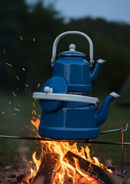 Alev Vintage Emaye Çaydanlık Takımı - Emaye Demlik Takımı - Mega Boy - 2.5 ve 1.0 Litre - 8