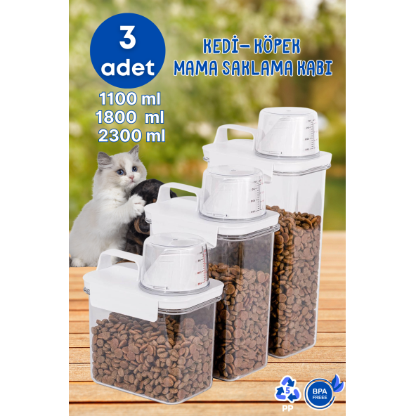 3 Lü Sızdırmaz Depolama Kedi Köpek Mama Saklama Kabı- Ölçekli Erzak Saklama 1100 ml 1800 ml 2300 ml