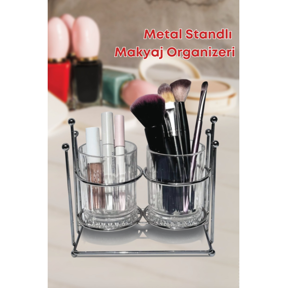 Metal Standlı Çok Amaçlı Kristal Makyaj Organizeri- Diş Fırçalık Kalemlik Banyo Düzenleyici