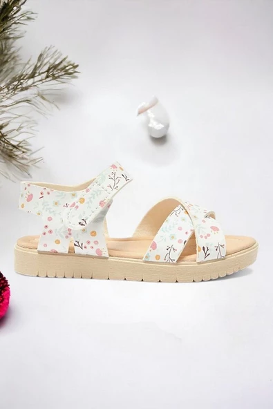 Cırt Cırtlı Ekru Baskılı Kız Çocuk Sandalet - 2