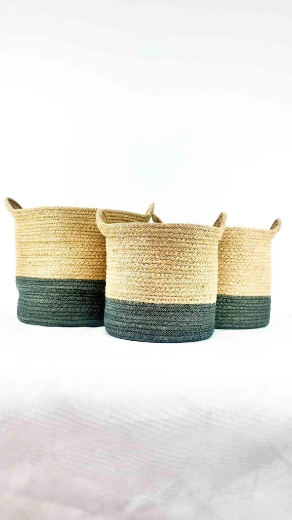 Bitki Tasarımı Ev Dekorasyon Düzenleyici Dekoratif Kulplu Altı Gri Şeritli Doğal Örgü Sepet 3’lü Set - 2